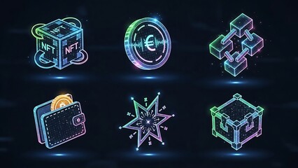 Neon Cryptocurrency and Blockchain Icons - A Modern Digital Finance Concept.