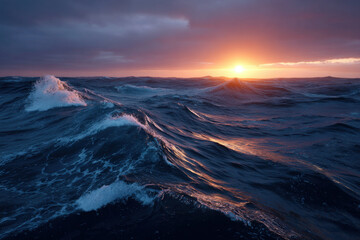 Cinematic ocean waves at sunset with dramatic storm clouds and glowing horizon, turbulent sea surface and vivid light reflection creating intense moody atmosphere