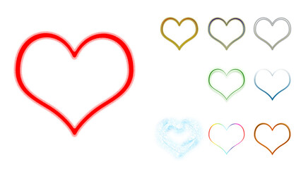 Colorful light glow heart shape symbol for love romance and valentine design, neon luminous heart icon isolated transparent background, editable vector artwork ai illustration file