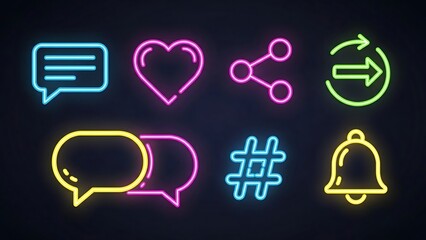 Neon Social Media Icons Set on Dark Background.