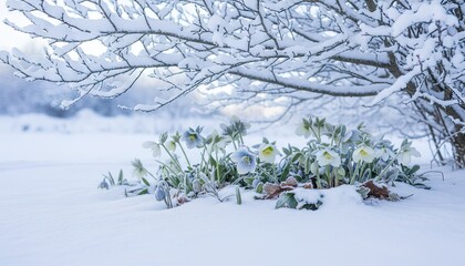 Delicate Winter Flowers Bloom Through Snowy Ground Under Frost Covered Branches in Soft Morning Light