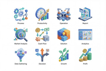 Business analytics 3d icon collection isolated on white background. profit, growth, cash flow, process, market analysis and solution. operation and management set concept