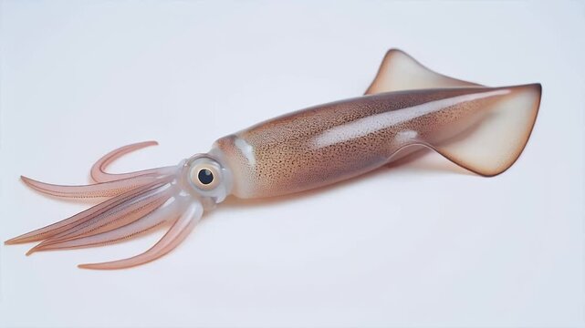 A close-up view of a squid showcasing its unique features and colors against a plain background.