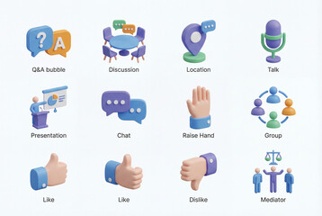 Discussion 3d icon collection isolated on white background. q&a bubble, presentation, chat, group, like, dislike and mediator. communication and debate set concept