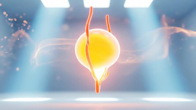 Abstract Visualization of Orange Internal Organ Floating in a Blue Room with Spotlights and Glowing Particles