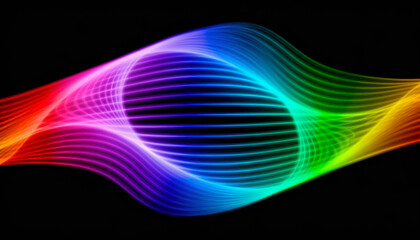 虹色の光がアーチ状に流れる抽象ライン背景。Abstract line background with rainbow colored light arcing.