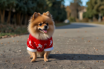A pomeranian wearing a Christmas sweater