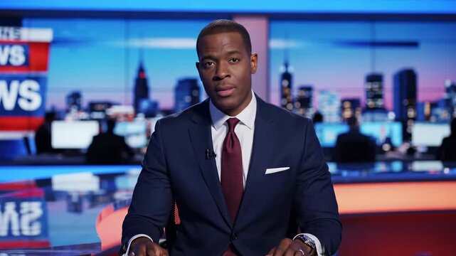 Male news anchor in studio delivering broadcast. Professional african american man presenting current affairs and latest updates in a television environment.