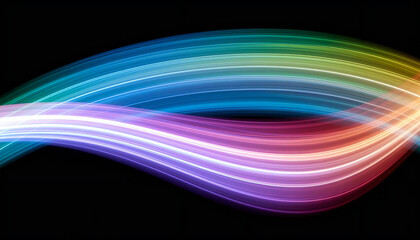 虹色の光がアーチ状に流れる抽象ライン背景。Abstract line background with rainbow colored light arcing.
