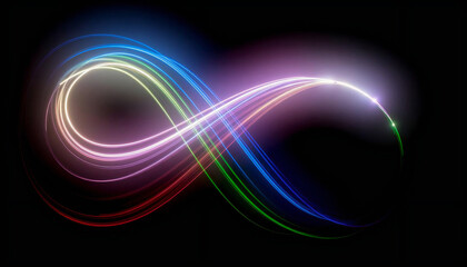 虹色の光がアーチ状に流れる抽象ライン背景。Abstract line background with rainbow colored light arcing.