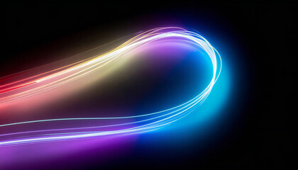 虹色の光がアーチ状に流れる抽象ライン背景。Abstract line background with rainbow colored light arcing.