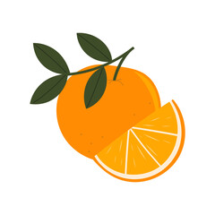 Illustration of Orange with Slice and Leaves