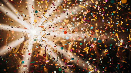 Festive confetti explosion with bright light rays at a vibrant celebration event