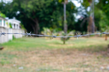 A single strand of barbed wire fencing with twisted knot and a defocused field background, with space for copy above and below. 