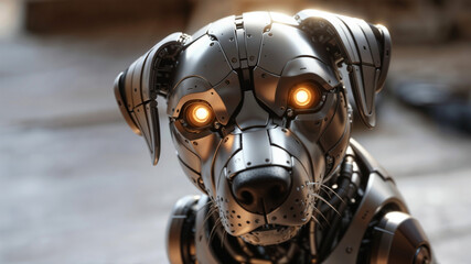 Futuristic robotic dog rendered as an advanced AI companion, metallic body with illuminated eyes, exposed mechanisms, cinematic mood suggesting innovation and security.