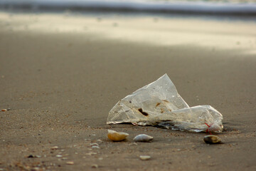 Plastic Waste Scattered on Beach Sand. Plastic waste on beaches is a serious global problem.