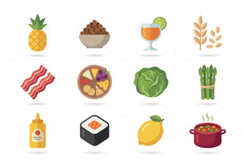 Flat gastronomy illustration icon pack isolated on white background, pineapple, beans, cocktail glass, oat, bacon, food plater, cabbage, and sushi set