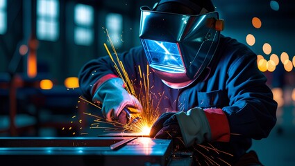 Welder in Action - Sparks Flying During Metalwork in Industrial Workshop