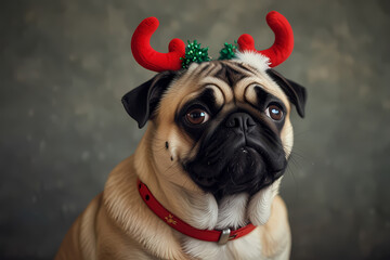 A pug with a reindeer headband and Red collar