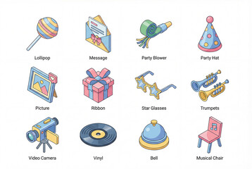 Isometric birthday illustration icon pack isolated on white background, 3d lollipop, party hat, picture, ribbon, star glasses, trumpet, and video camera set