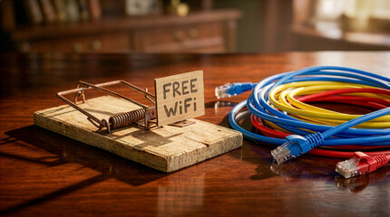 Free Wifi Sign on Mousetrap with Colorful Ethernet Cables Cyber Security Concept