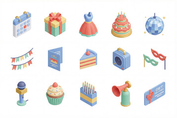 Isometric birthday illustration icon pack isolated on white background, 3d cake, disco ball, garlands, birthday card, speaker, cupcake, and candles set