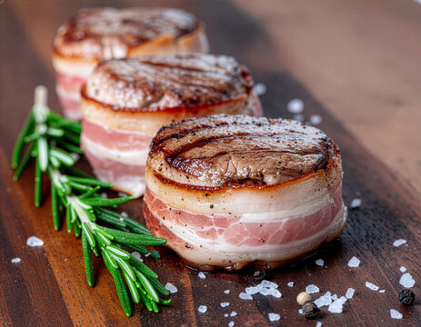 Raw Filet Mignon Medallions Wrapped in Bacon with Rosemary and Salt on Wooden Board