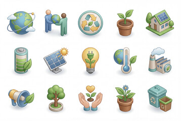 earth, day, isometric, icon, illustration, 3d, set, pack, recycle, planting, solar, energy, tree, care, plant, bin, trash, factory, house, battery, environment, nature, eco, sustainable, green, temper