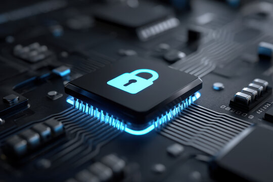 Secure microchip with glowing padlock icon on circuit board representing data protection and cybersecurity, illuminated blue light and intricate electronic traces conveying high tech security