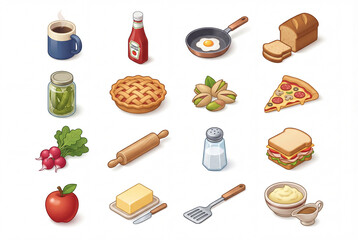 Isometric gastronomy illustration icon pack isolated on white background, 3d mug, ketchup, pan, bread, pickles, pie, pistachio, pizza, and sandwich set