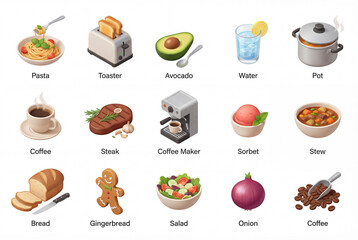 Isometric gastronomy illustration icon pack isolated on white background, 3d pasta, toaster, avocado, coffee, steak, stew, bread, and gingerbread set