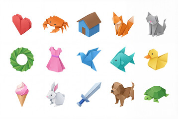 Origami isometric illustration icon pack isolated on white background, 3d paper folded heart, crab, house, fox, cat, wreath, dress, bird, fish, duck, rabbit, sword and dog set