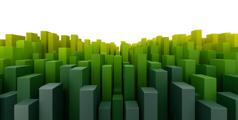 Fototapeta premium Dark green to yellow abstract 3d rectangular blocks forming data landscape from front view isolated on transparent background, png