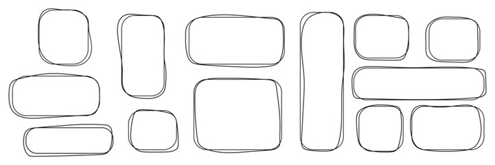 A modern set of irregular, unusual frames drawn with black line art. Abstract geometric round grunge design with unique aesthetic and monochrome lines. Vector minimalist, expressive linear form.