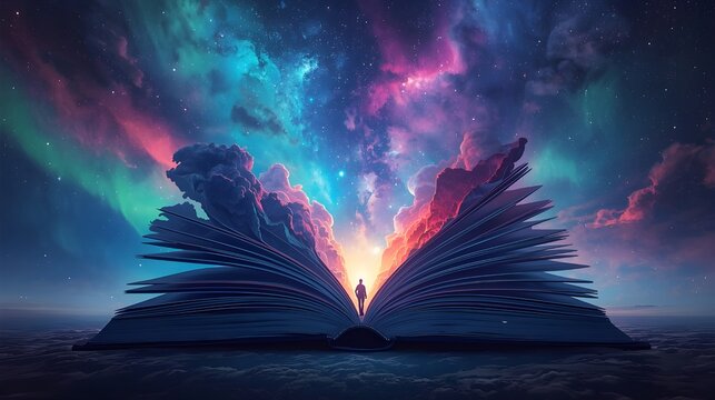 Illustration of a man standing in front of an open book with magic effect. Abstract background for World Poetry Day