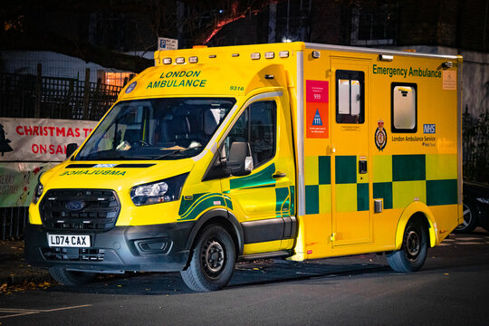 Ford Transit Logo, London Ambulance Emergency Vehicle Front View, National Health Service, NHS Trust, Earl&rsquo;s Court Road, UK &ndash; 14 December 2025
