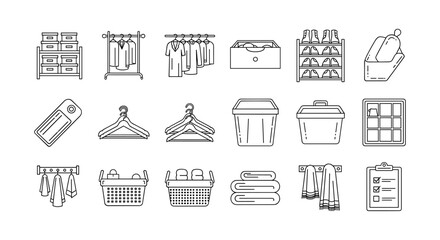 Line art icons of closet and laundry essentials for home organization