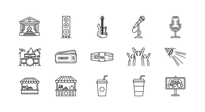Music and event icons set: linear style for concerts and festivals