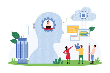 Big data research using AI assistant and cloud storage, machine learning. Tiny people work with virtual assistant inside human head to process information and knowledge, cartoon vector illustration