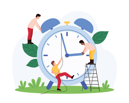 Time management strategy with efficiency, schedule accuracy and appointments organization. Tiny people pull clock hand back on rope to stop countdown and deadline delay cartoon vector illustration