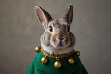A rabbit wearing a green elf collar with bells