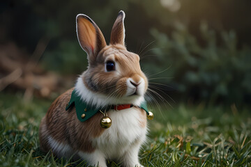 A rabbit wearing a green elf collar with bells