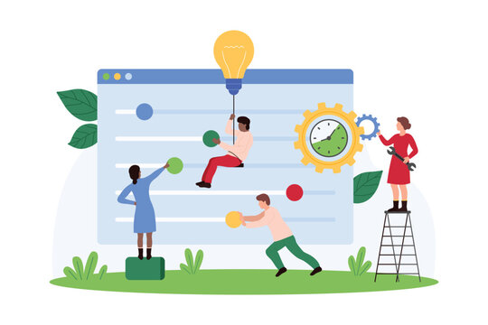 Account or software settings adjusting and change, tuner mode control, system update. Tiny people push sliders to fix interface elements, work with gear and light bulb cartoon vector illustration