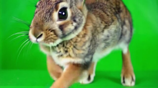 Close-up of a curious brown rabbit with big dark eyes, whiskers twitching on a vibrant green screen background