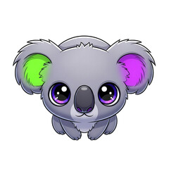 Cute cartoon koala with vibrant green and purple inner ears, big expressive eyes, and a playful expression, isolated on a white background
