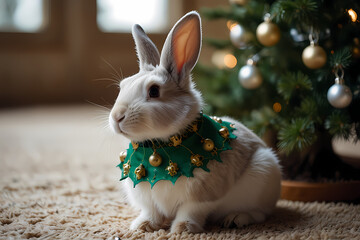 A rabbit wearing a green elf collar with bells