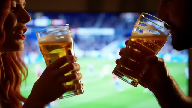 Couple toasting beer in front of TV.