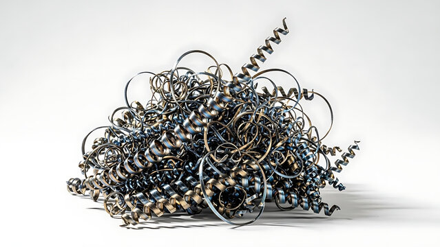 Heap of coiled metal swarf, shiny metallic waste from industrial manufacturing process