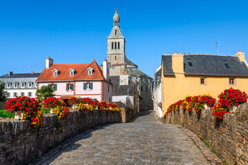 The flower bridge Le Pont Fleuri in historic Quimperle Old town, Brittany, France