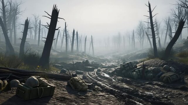Desolate muddy battlefield with broken trees, military equipment, and foggy background for war memorial.
